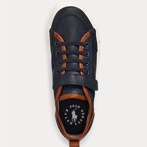 Ralph Lauren, Asher II Faux-Leather Sneaker, size 2, navy blue and brown